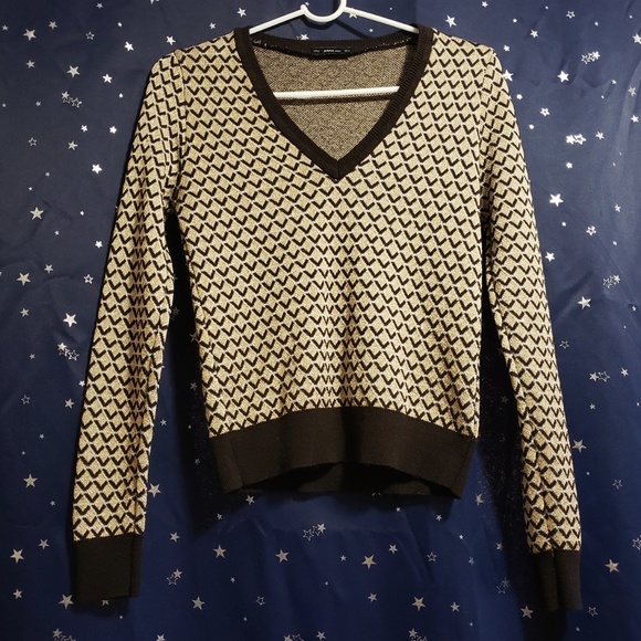 Zara Sweaters - (NEW) ZARA KNIT V-NECK SWEATER, METALLIC GOLD